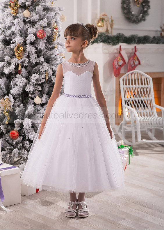 Beaded Illusion Neck White Tulle Tea Length Flower Girl Dress Beaded Illusion Neck White Tulle Tea Length Flower Girl Dress